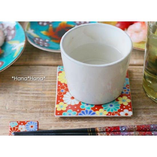 青郊 九谷焼 青郊窯 色絵角皿コースター 【花柄】 スクエア フラット