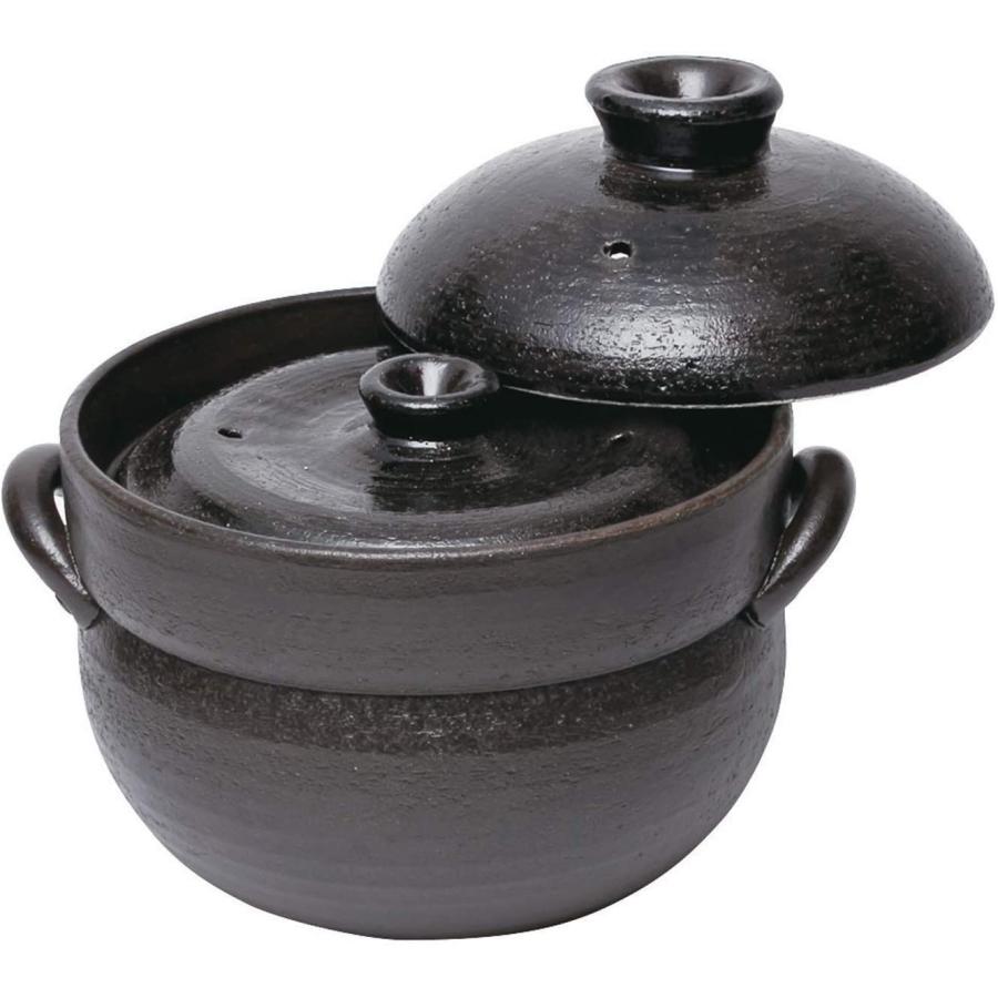 萬古焼 ご飯鍋2合炊き 黒釉 (中蓋付) 1.2L 土鍋 佐治陶器 二重蓋 日本