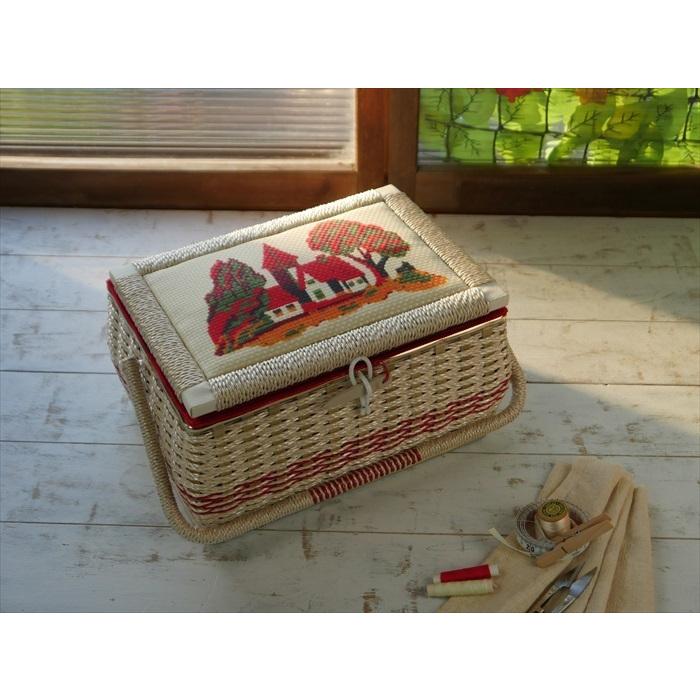 裁縫箱 おしゃれ レトロ ソーイングバスケット 胴持ち手式 H柄 木製留