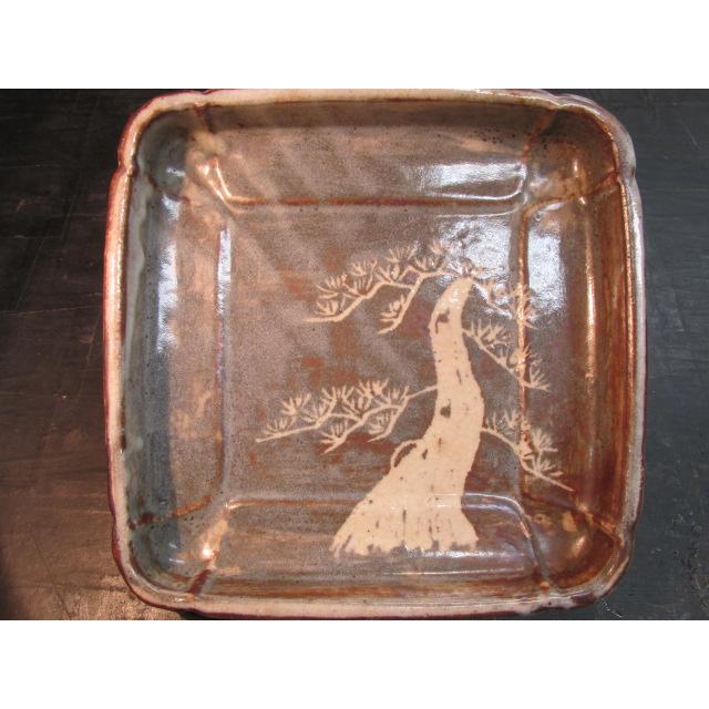 泥陶 深川勝美 鼡志野 松絵 角鉢 四方鉢 共箱 器 鉢 陶器 陶芸 作家 未
