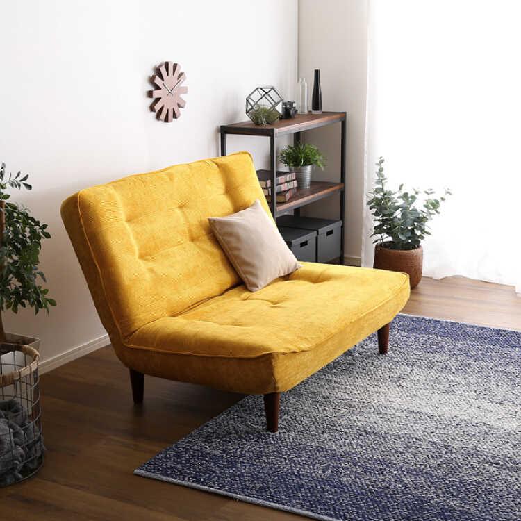 二人掛けソファ 小さめ 幅120 布製 イエロー 黄色 ハイバック