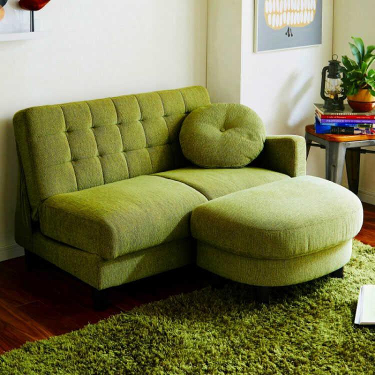 ソファー スツールセット 収納付 ソファベッド グリーン 緑色 布製 2人