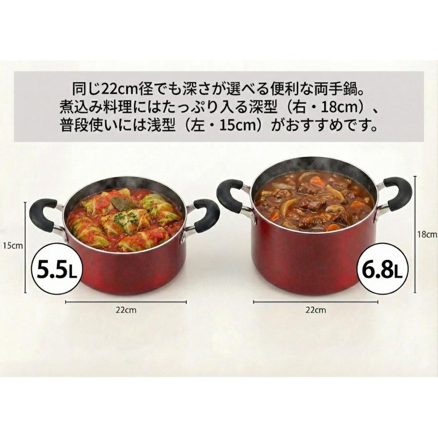 半寸胴鍋 22cm 5.5L ガラス鍋蓋付 両手鍋 ガス火 IH対応 フッ素加工