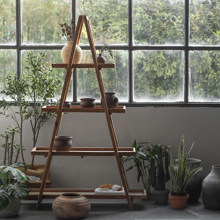 オープンシェルフ 4段 ディスプレイラック 無垢 古木 古材 木製 脚立型