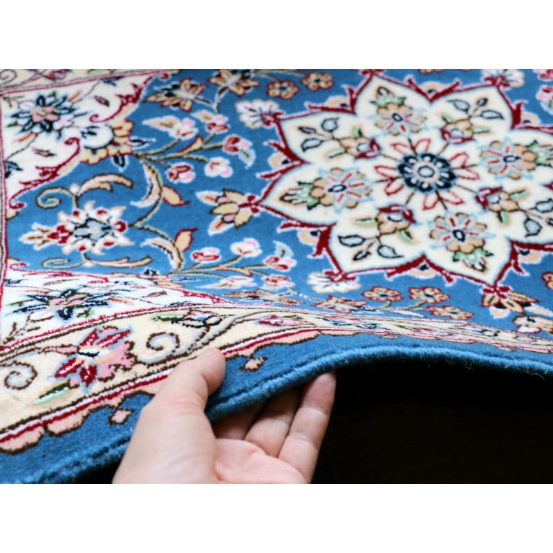 ペルシャ絨毯 ナイン産 9L 81x51cm ブルーのメダリオン 玄関マット