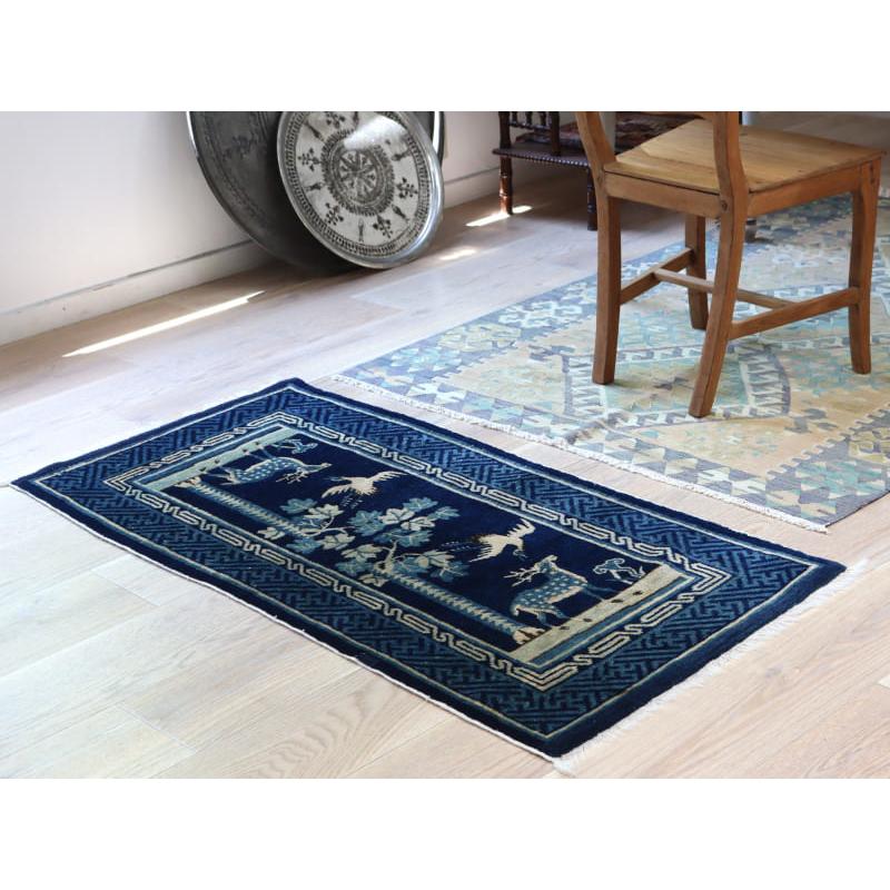 アンティークラグ 清王朝時代の中国絨毯 129x66cm 鶴 鹿 竹