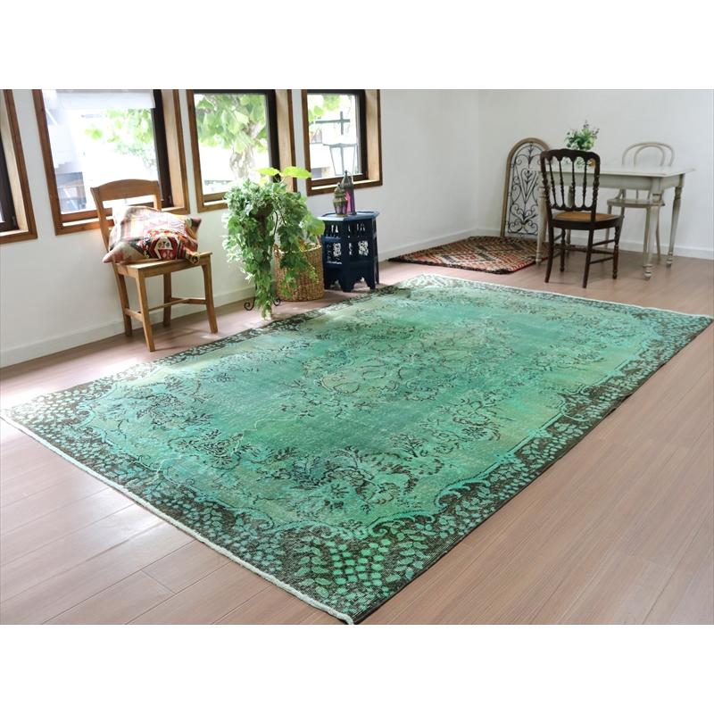 オーバーダイド ヴィンテージラグ グリーン トルコ手織り絨毯 アップ