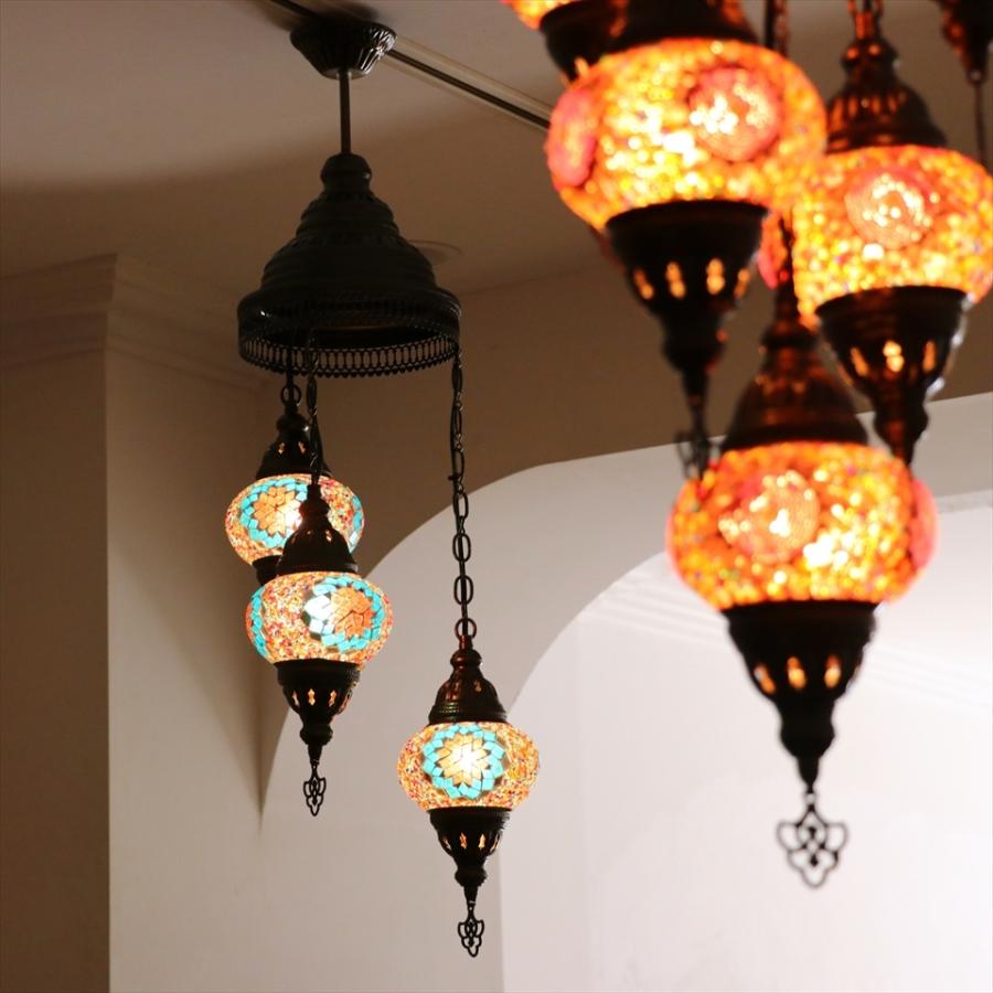 モザイクランプ トルコランプ シャンデリア 3灯 ピンク&ブルー