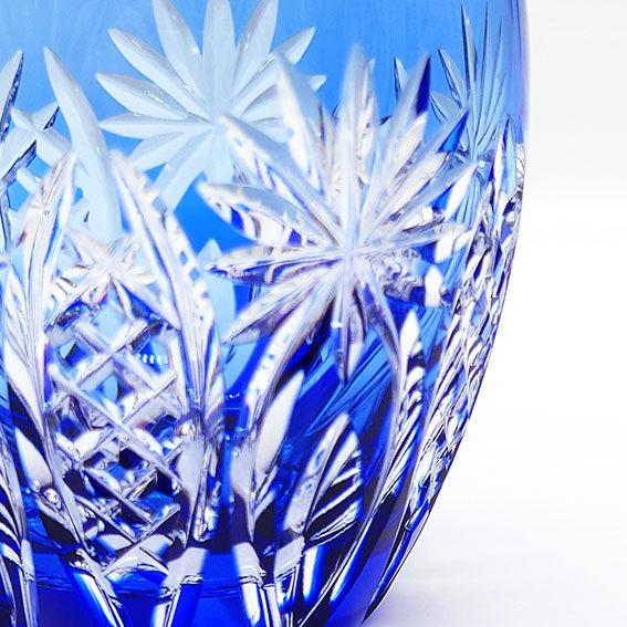 KAGAMI カガミクリスタル 江戸切子 ロックグラス 矢来重に星紋 青 木箱