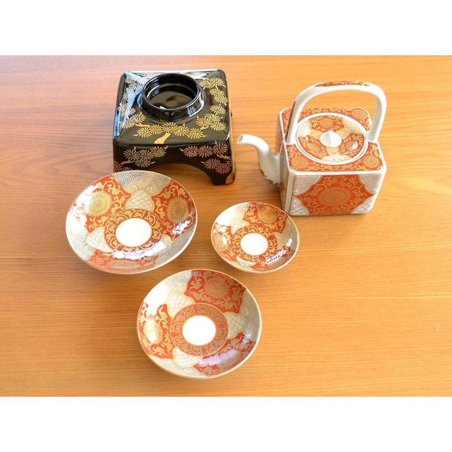 有田焼 屠蘇器 おとその器 赤地金彩菊華紋 お屠蘇揃い （黒い台も磁器