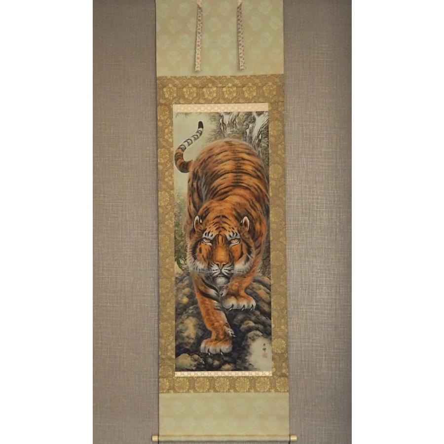 真作】 掛け軸 佐久間頼峰 ≪ 猛虎 ≫ ○金の毛描き 太巻 玉置頼石に