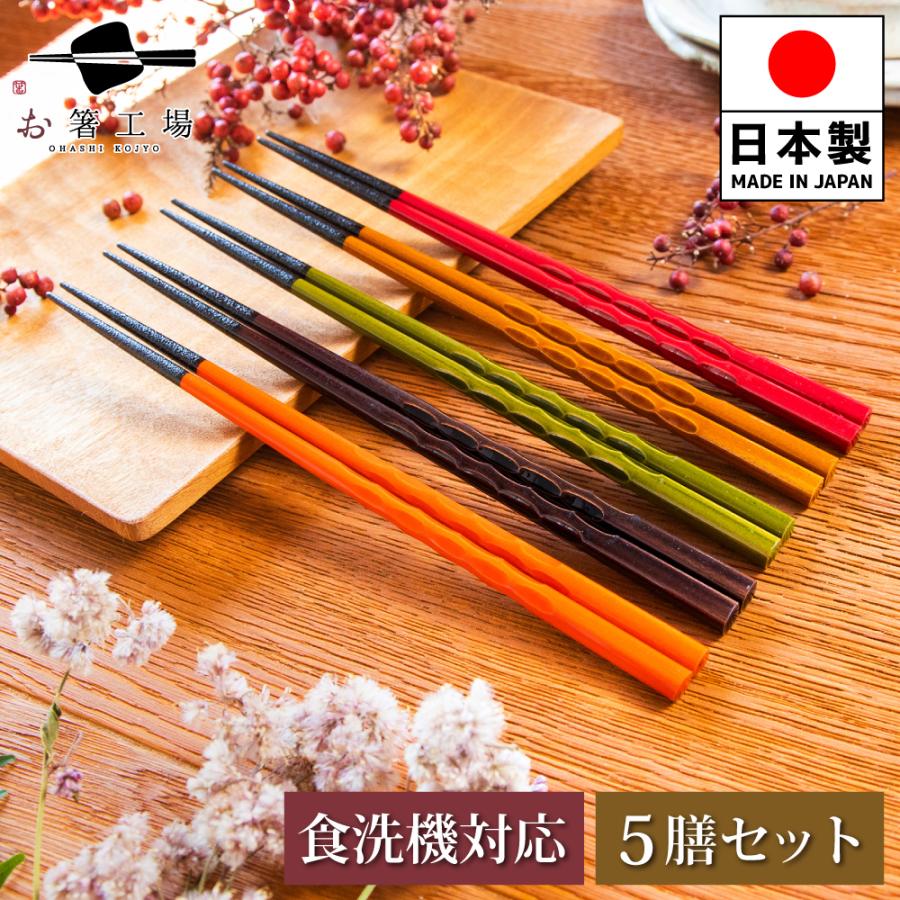 箸 箸セット 食洗機対応 もちやすい木彫り箸 5膳 セット/ 若狭塗 抗菌