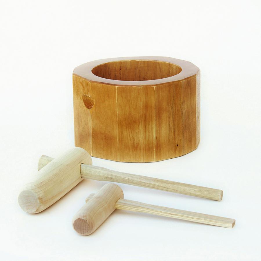 餅つき セット 1升用 木製ミニ臼＋キネ2本 もちつき うす きね : 木製