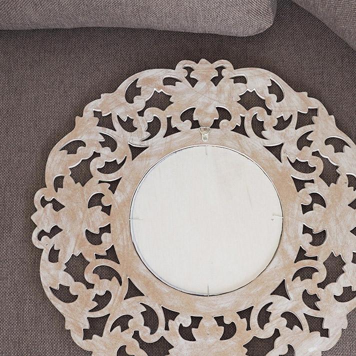 アジアン バリ風 鏡 壁掛け 丸型 ミラー ウォールミラー 木製 ウッド
