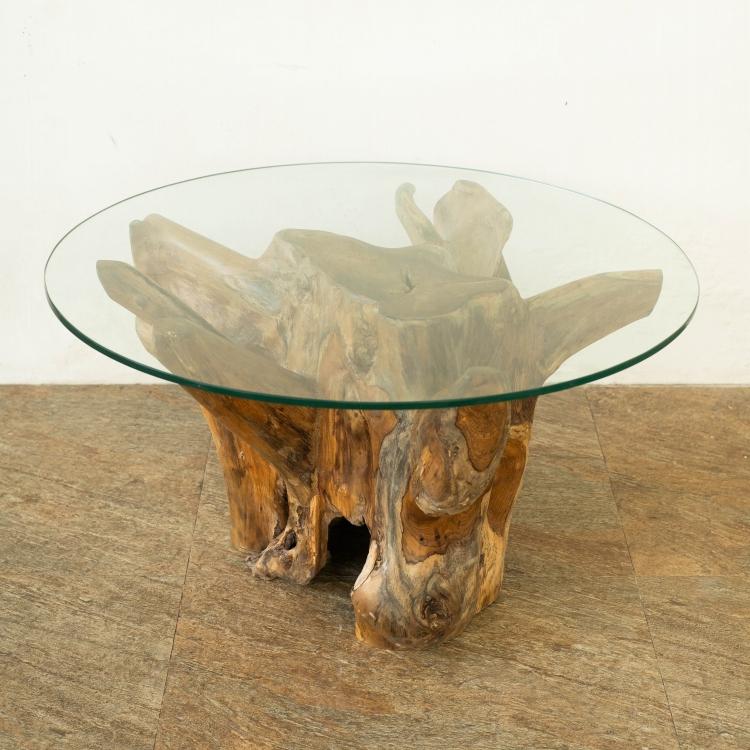 チーク無垢材 原木ローテーブル 切り株テーブル 無垢 木の根 ガラス天