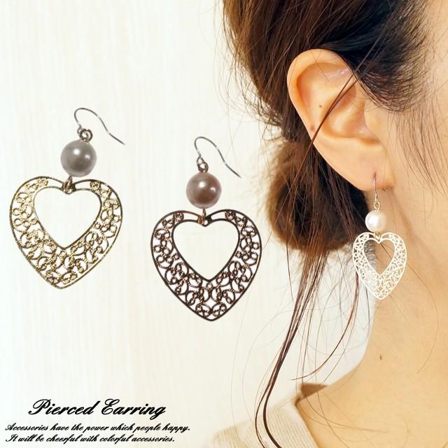 ピアス ハート 透かしパーツ アクリルパール 人工真珠 ピンクゴールド