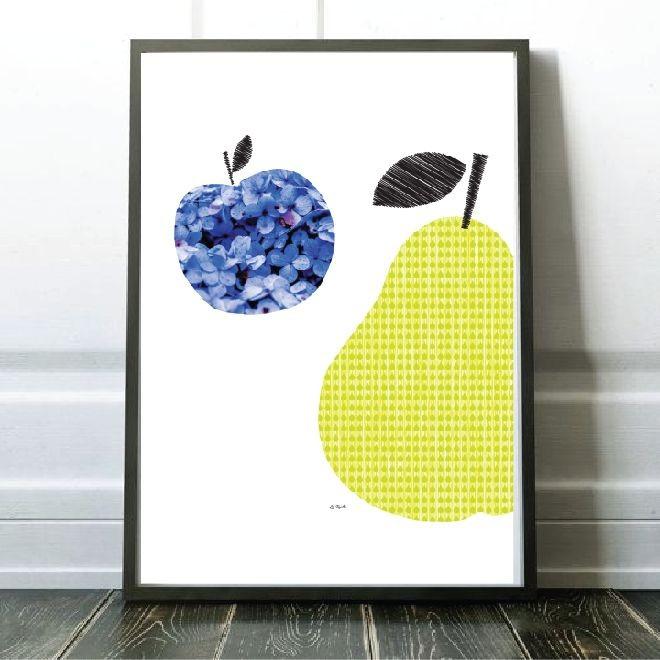 北欧アートポスター】洋ナシと青りんご A2サイズ 420×594mm アート