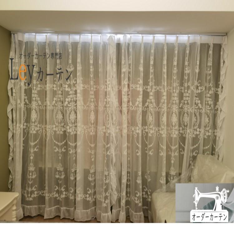刺繍柄レースカーテン アンティーク 暖簾 フリル 2倍ヒダ 高級生地
