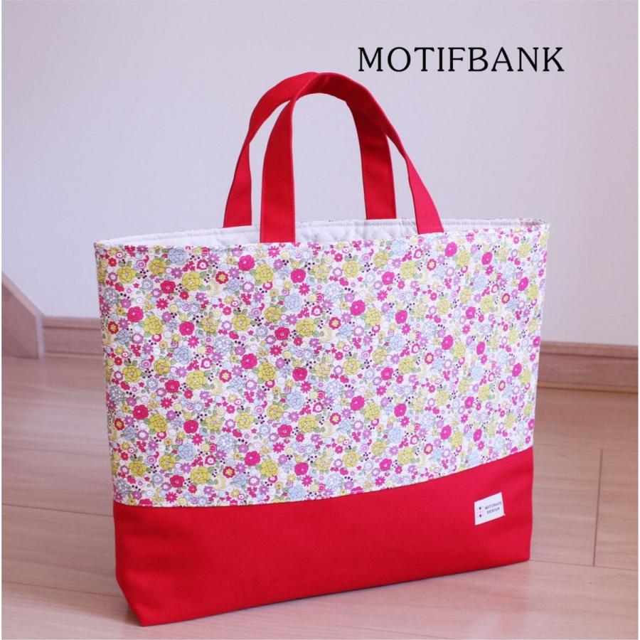 レッスンバッグ】 ハンドメイド 【NEWレッド花柄】 裏地加工（生成