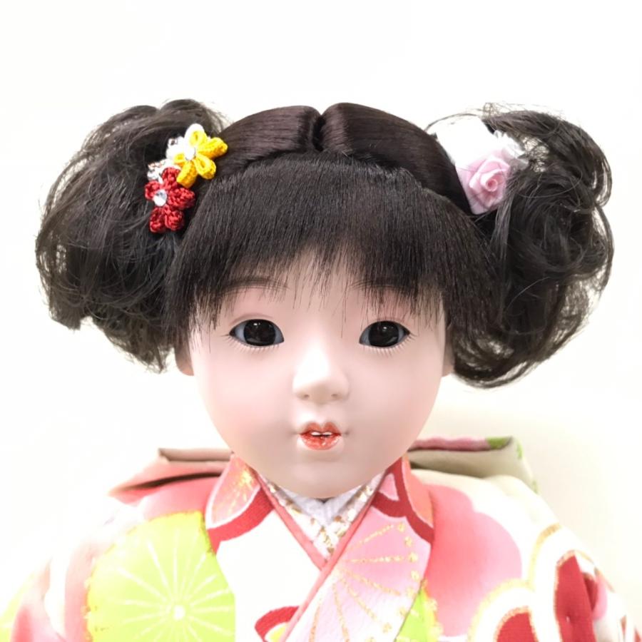 市松人形 京友禅染衣装 レース付 パーマ ツインお団子ヘアー お団子