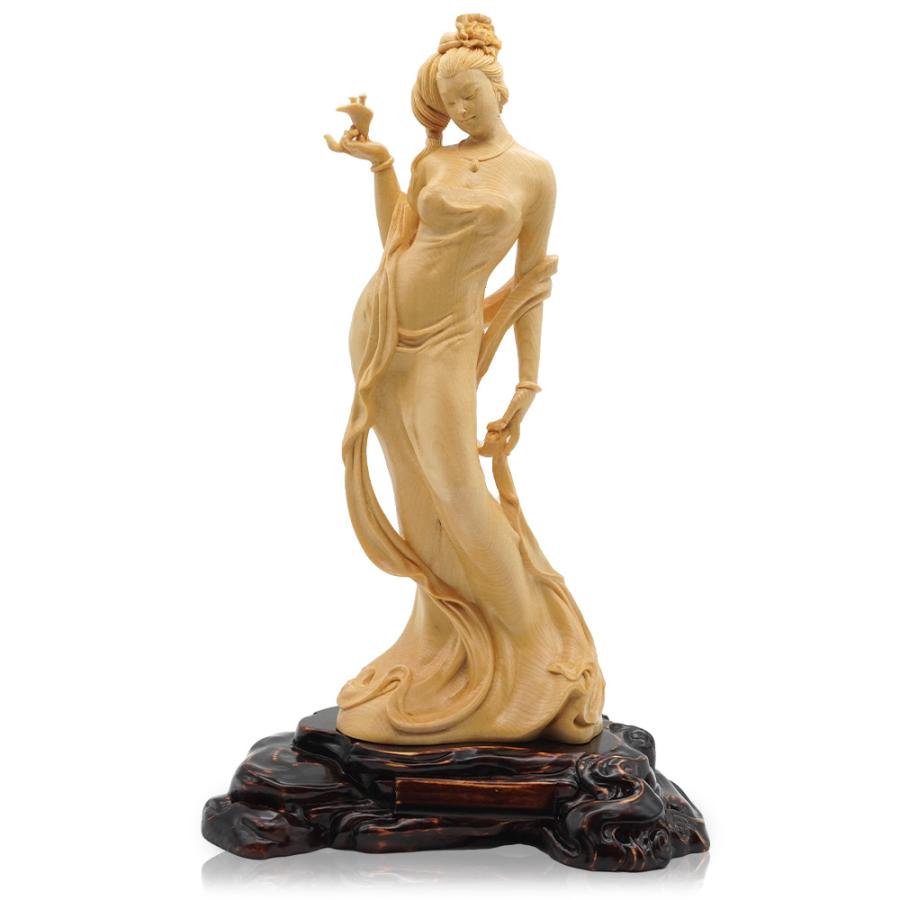 女性像 木彫り 置物 楊貴妃 酔牡丹 天然檜 美術品 工芸品 葉偉混作