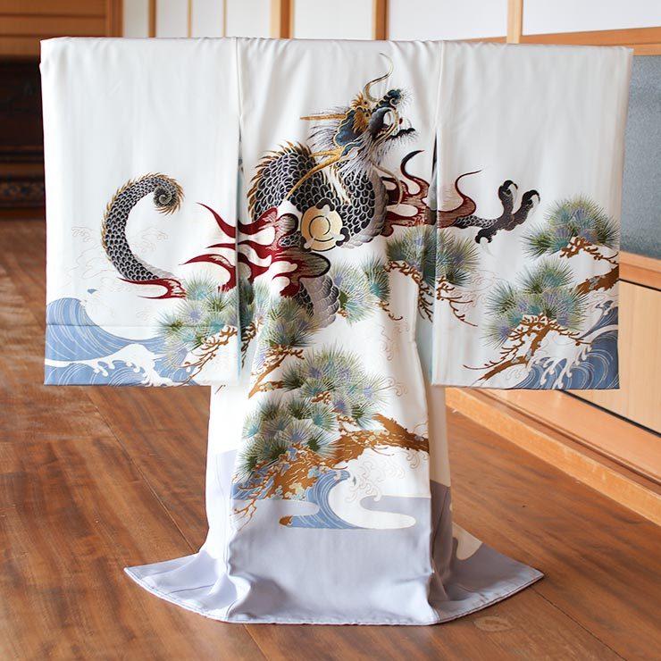 正絹] お宮参り 男の子 初着 産着 龍に松と波 白 のしめ 一つ身 昇り龍