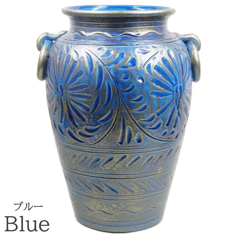 イタリア製 陶器 傘立て / アンブレラスタンド 花柄 グリーン ブルー