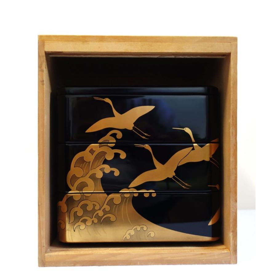 輪島塗 波に光琳鶴 三段重箱 輪島塗重箱 お正月 お節 正月料理 宴会