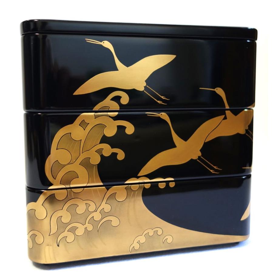 輪島塗 波に光琳鶴 三段重箱 輪島塗重箱 お正月 お節 正月料理 宴会