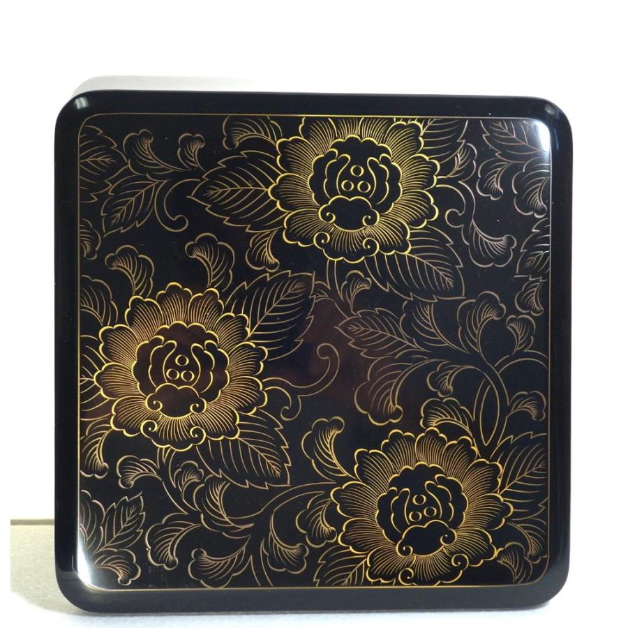 未使用 輪島塗 牡丹 沈金 二段 輪島塗重箱 牡丹唐草 布着せ 本堅地