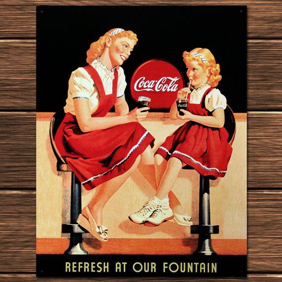 C3 ブリキ看板 COCA COLA コカコーラ カウンターでコーラを飲む母娘