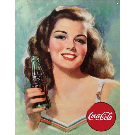 C3 ブリキ看板 Coca-Cola コカコーラ コーラを片手に微笑む女性 油絵風