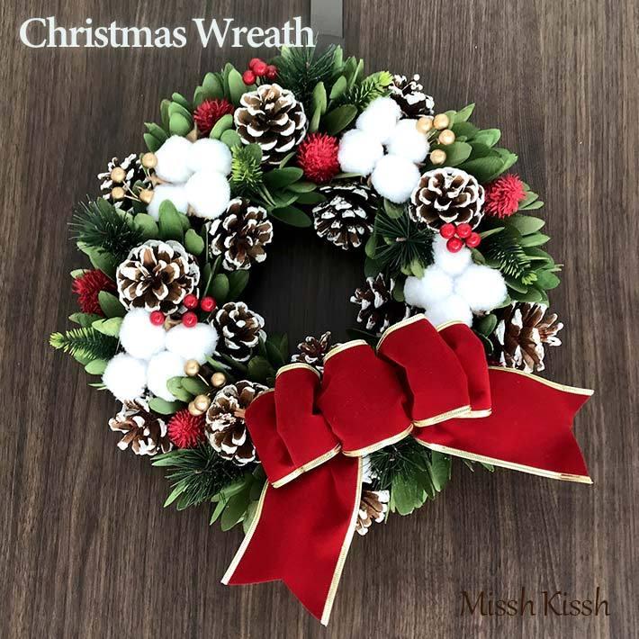 クリスマスリース まつぼっくり クリスマスカラー リボン 32cm Ribbon