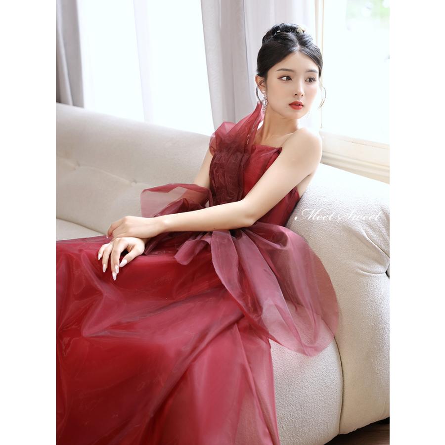 カラードレス ロングドレス ワインレッド ビスチェ 袖なし パーティー