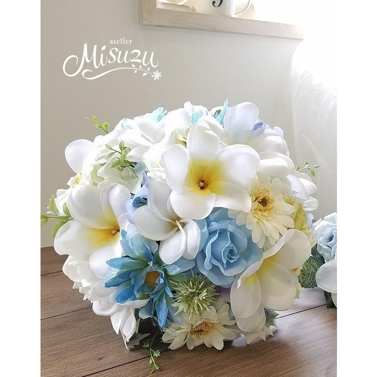 プルメリアブーケ・ブートニアセット ホワイトブルー バラ アート