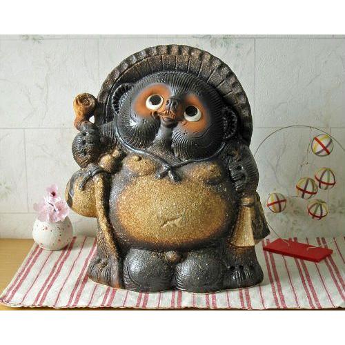 信楽焼 狸 置物 古信楽 杖 たぬきの置物 10号 (名入れも可) 玄関 狸