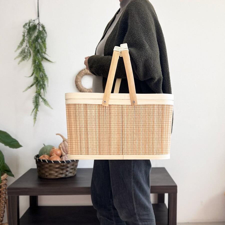 竹 かご ふた付き バスケット 四角 ピクニック ピクニックバスケット