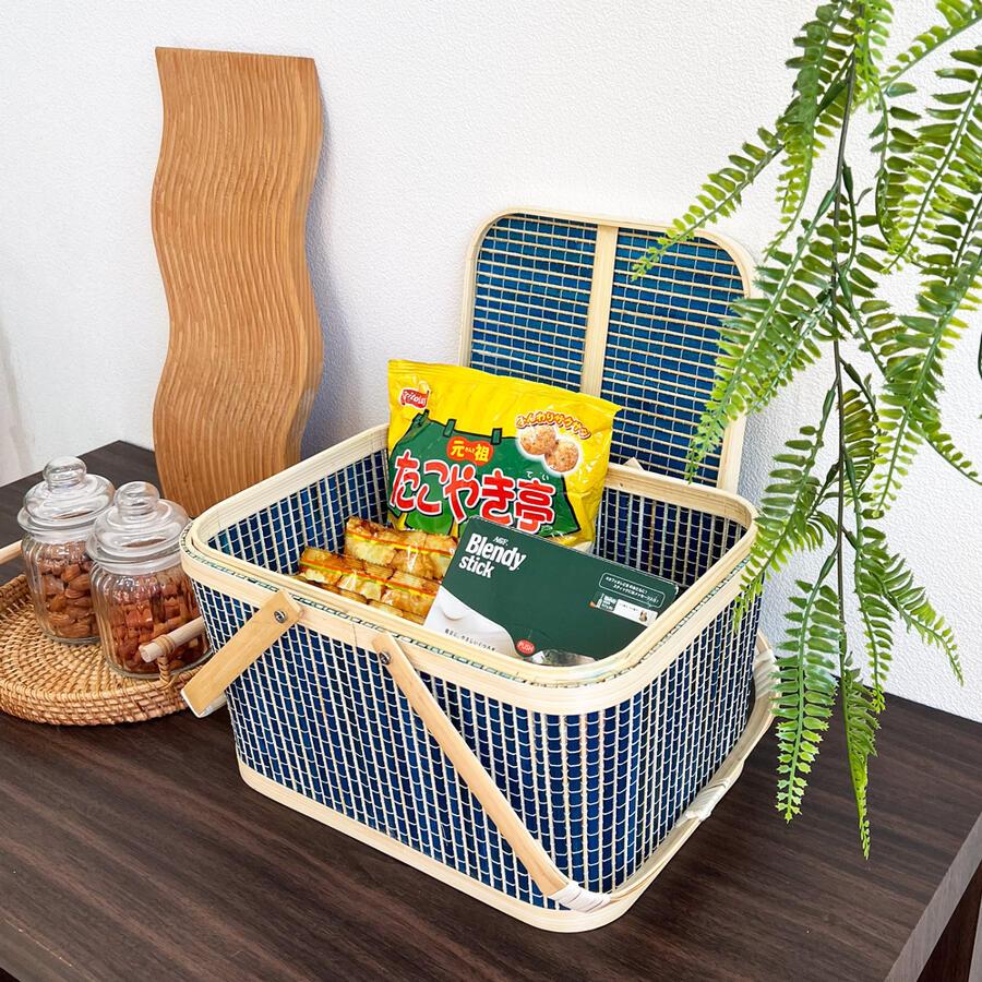 竹 かご ふた付き バスケット 四角 ピクニック ピクニックバスケット