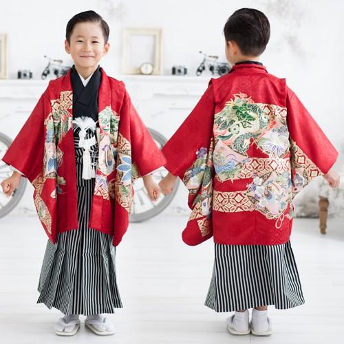 七五三着物レンタル 七五三 5歳 男の子用 羽織袴13点セット「赤地に龍