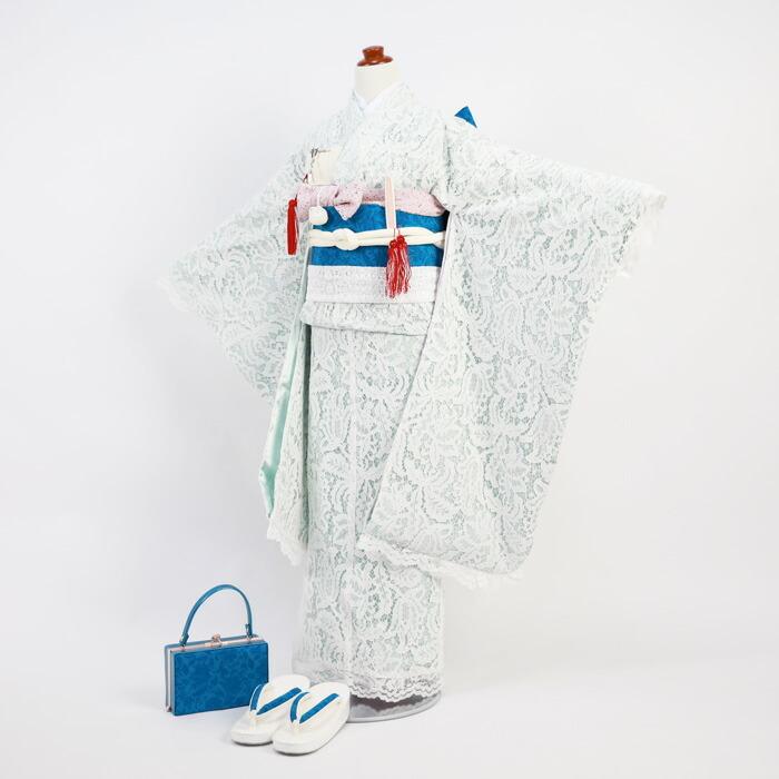 七五三 着物 7歳 フルセット 購入 販売「水色・白のレース着物」白