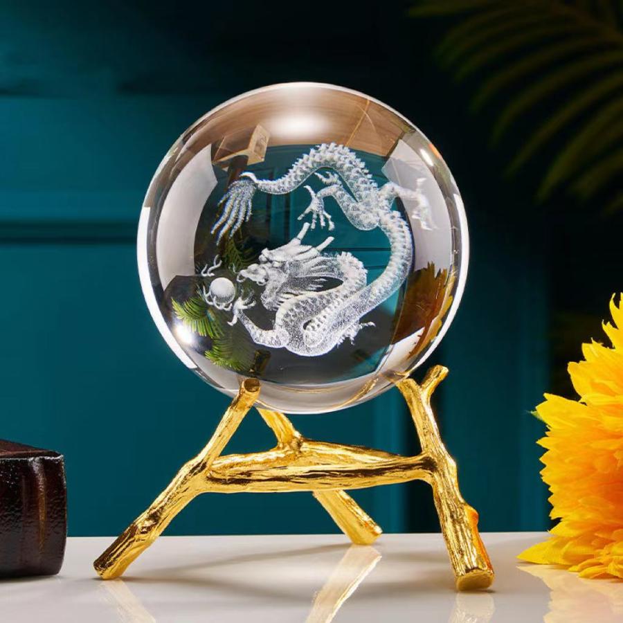 龍 クリスタルボール 8cm 10cm 龍神 干支 辰 置き物 人工水晶 丸玉