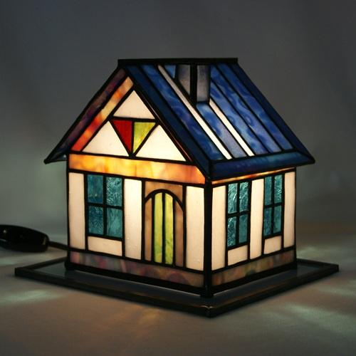 ステンドグラス ミニハウスランプ（B）水色の屋根 : ステンドグラス
