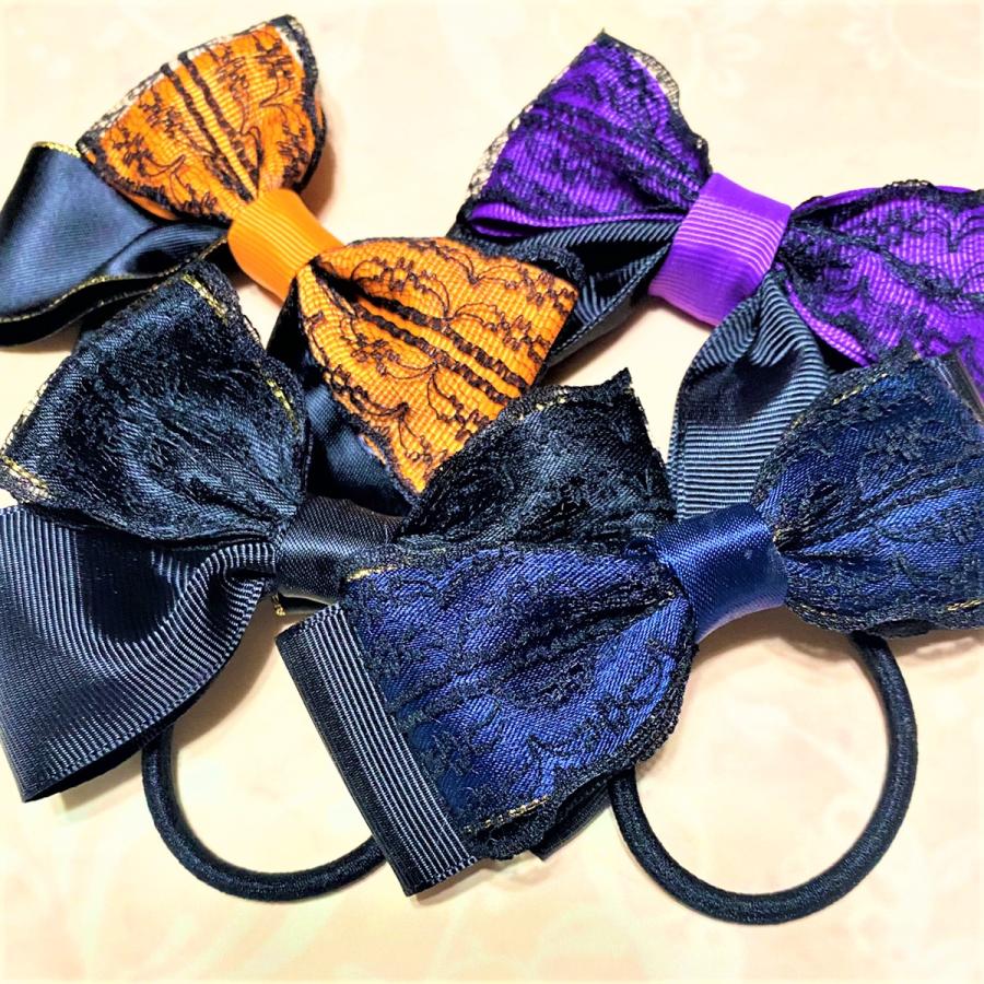 ゴシック系リボンヘアゴム レース ブラック パープル オレンジ