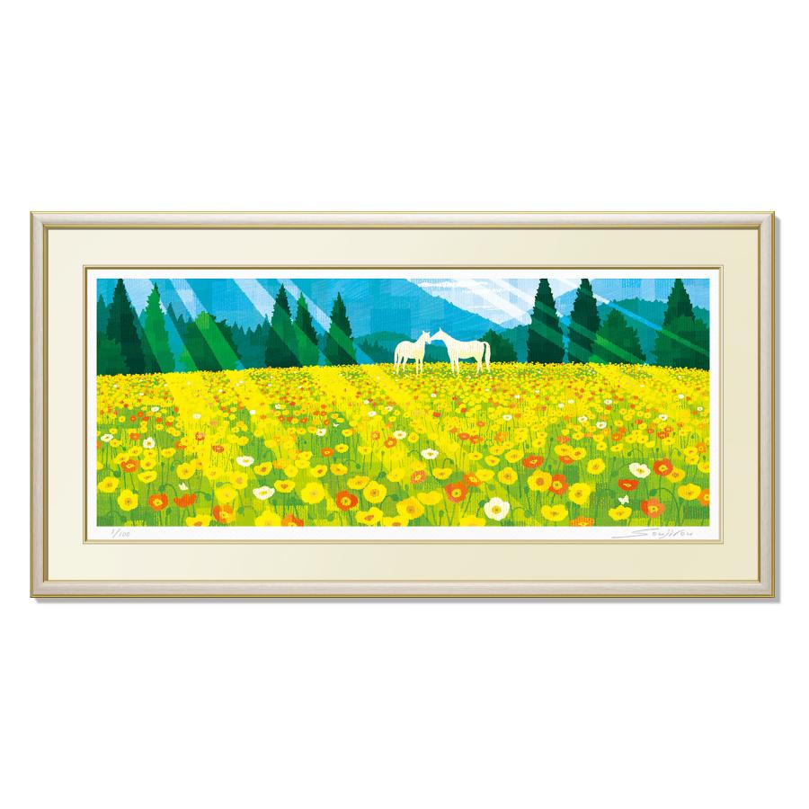 絵画 馬 和風 壁掛け インテリア 版画 風景画 風水 黄色 玄関 おしゃれ