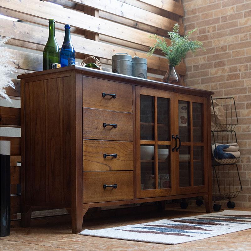 キャビネット 120 完成品 食器棚 収納 天然木 無垢材 木製 ガラス