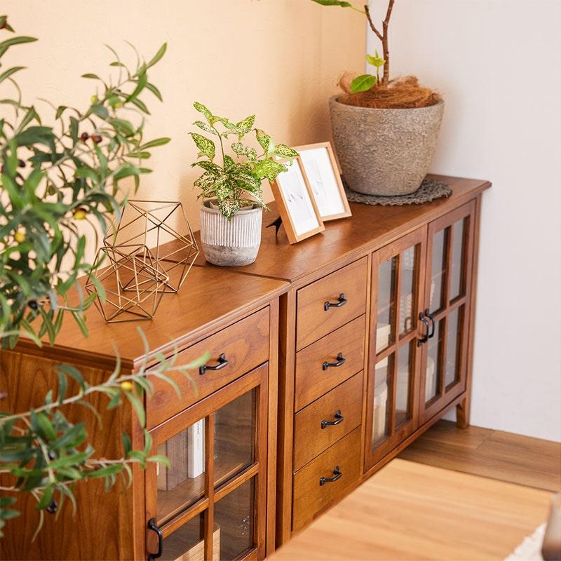 キャビネット 120 完成品 食器棚 収納 天然木 無垢材 木製 ガラス