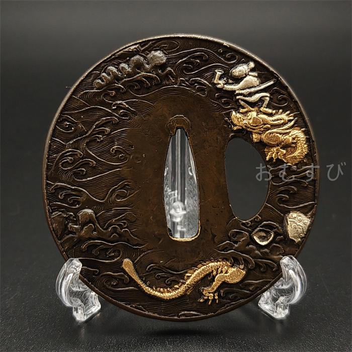 XG112 刀鍔 海波の図 日本刀装具 銅地 細工 絵金銀 刀剣美術 武道具