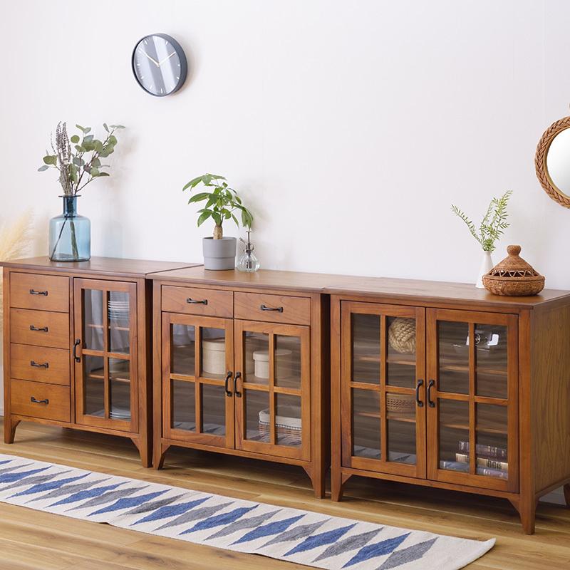 ガラス キャビネット 食器棚 おしゃれ リビング 収納 木製 天然木 幅