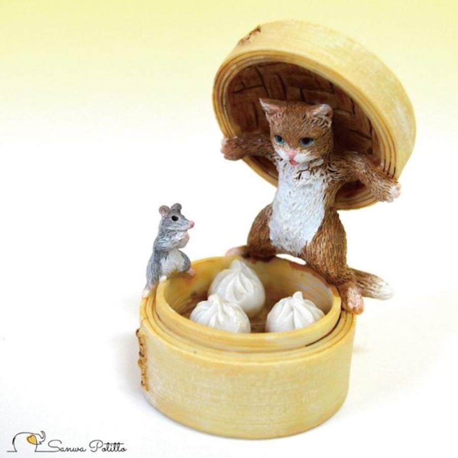 茶トラ猫 ねこ ネコ レトロ アンティーク風 セイロ 肉まん 猫とネズミ