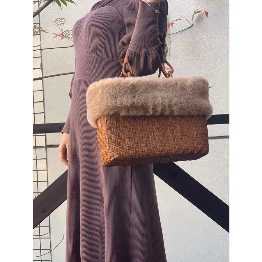 山葡萄籠バッグ 手作り 山葡萄かごバッグ 細ひご 内布あり ファー付き